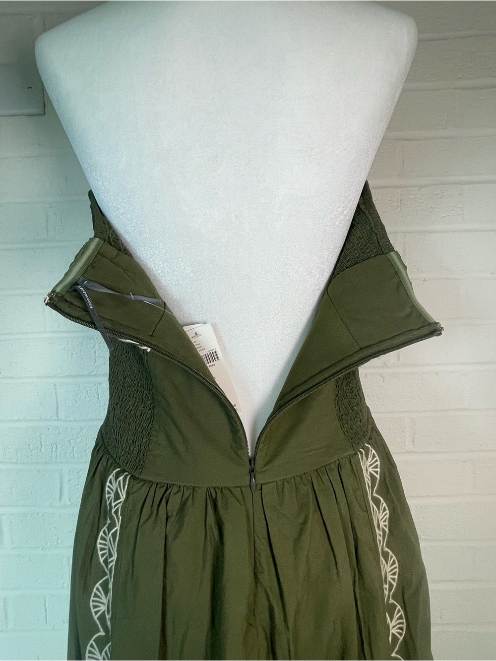 Anthropologie Strapless Olive Green Embroidered Cotton Midi Dress NWT Small - Picture 10 of 11